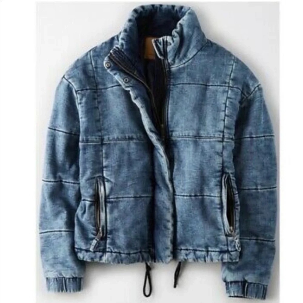 American Eagle Denim Puffer Jacket Blue Acid Wash Small Outdoors NEW Zip Front